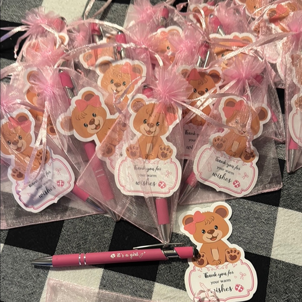 Pink Favor Bags with Teddy Bear Tags and Sheer Fabric